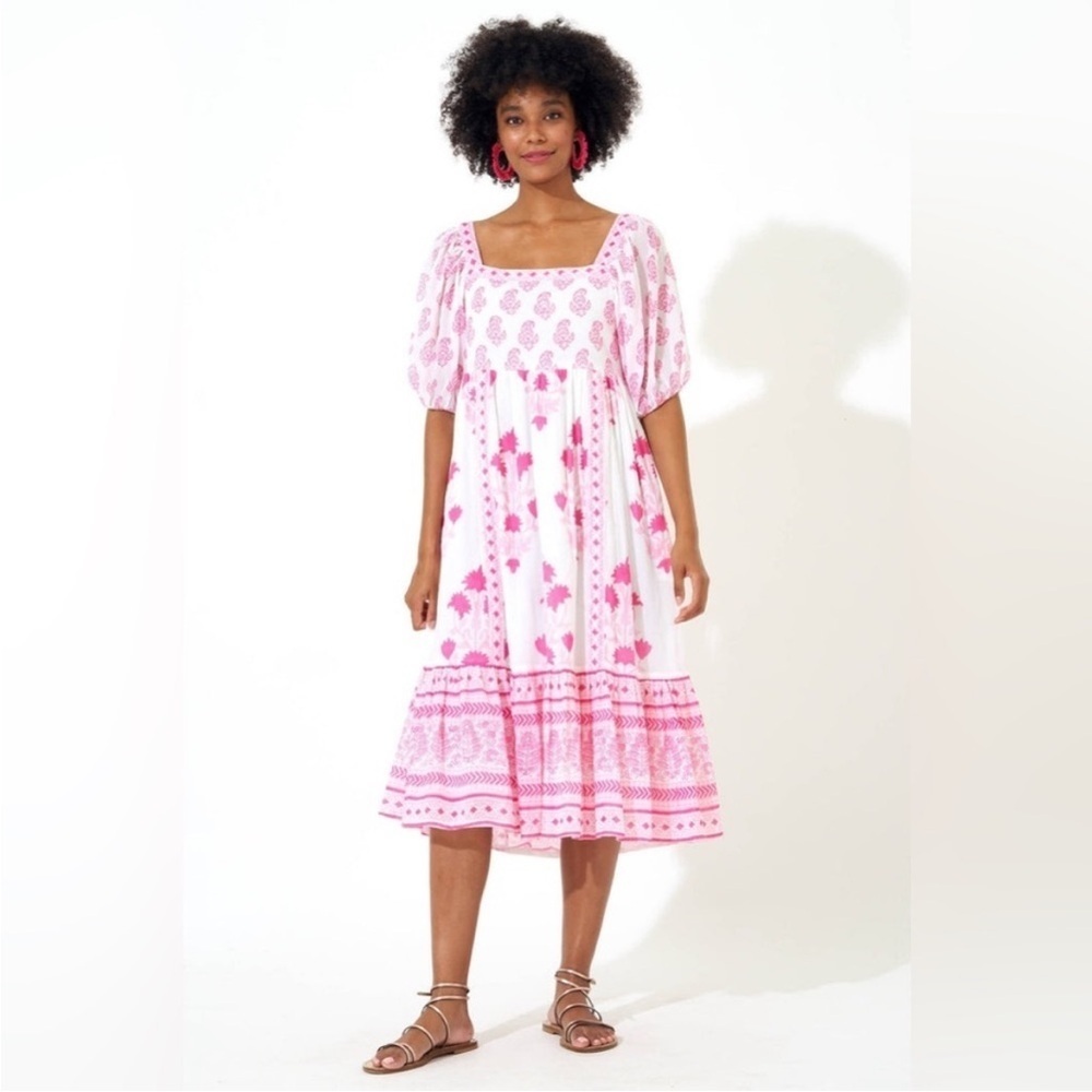 Tuckernuck Oliphant Puff Sleeve Midi Dress in Jaipur Pink & White NWT Size XS - Picture 3 of 14